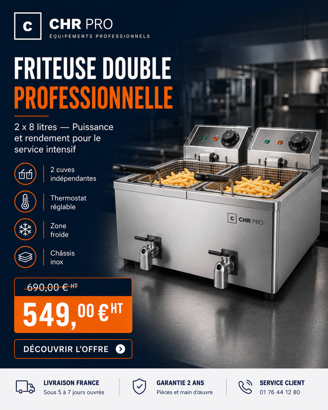 Friteuse double professionnelle 2 × 8 L — 549 € HT